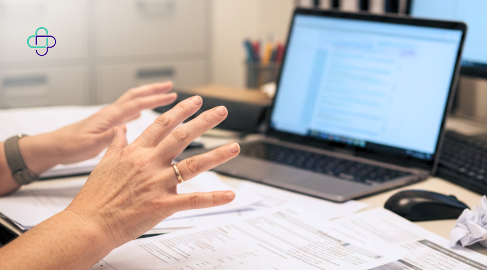 A care worker frustrated while processing claims